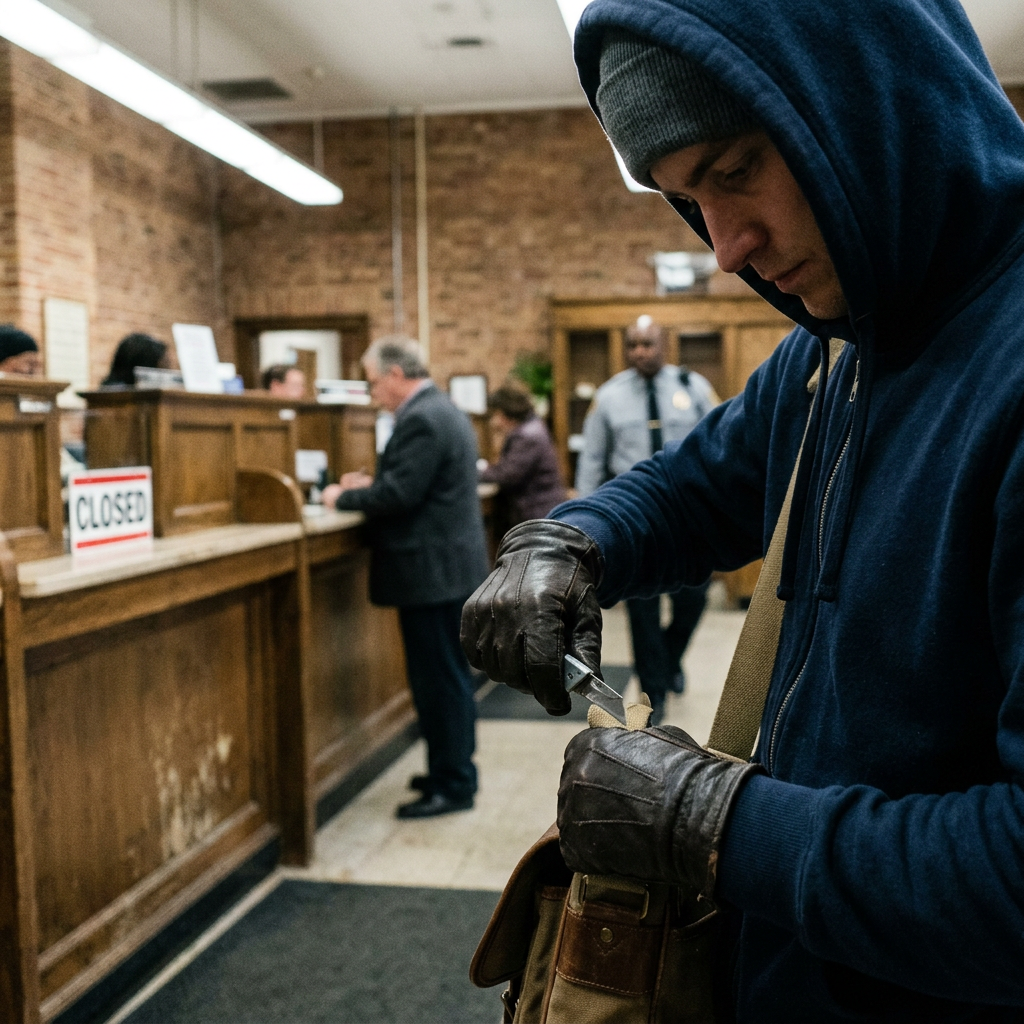 Man in hoodie and gloves holding a knife inside a bank lobby