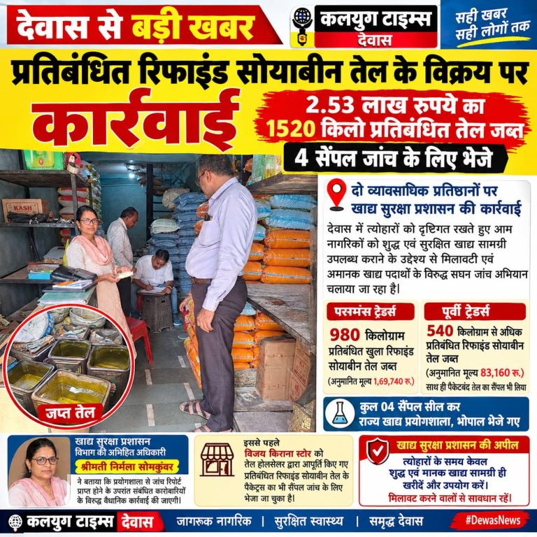 प्रतिबंधित रिफाइंड सोयाबीन तेल के विक्रय पर कार्रवाई: 2.53 लाख रुपये का 1520 किलो प्रतिबंधित तेल जब्त, 4 सैंपल जांच के लिए भेजे, महिला अधिकारी द्वारा प्रभावी कार्रवाई